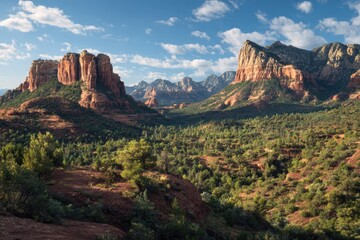 Naklejka premium Red rock mesas vista, green trees, Arizona blue sky