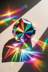 A multifaceted crystal refracts light into a vibrant spectrum of colors casting colorful shadows and creating a dazzling display