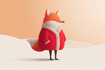 Full-body flat illustration of a fox wearing a red Santa coat on beige background