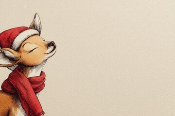 Illustration of a deer character wearing a Santa hat and scarf on light beige background