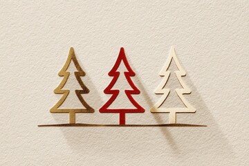 Illustration of three small Christmas trees on pastel beige background