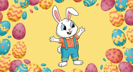 Cheerful cartoon bunny waving amidst decorated Easter eggs on a vibrant yellow backdrop