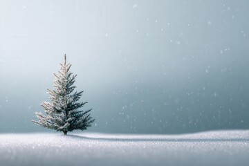 Illustration of a single small Christmas tree standing on soft white snowy ground with copy space