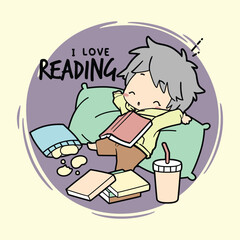 Book Bliss – Cute Cartoon EPS Clipart of Child Reading with Snacks