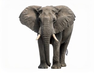 Obraz premium Close-up of a majestic African elephant with tusks, isolated on a white background, highlighting its grandeur and strength.