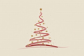 Minimal illustration of a Christmas tree created with red curved line on beige background