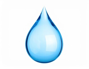 High-resolution image of a single blue water droplet with reflections, isolated on a white background.