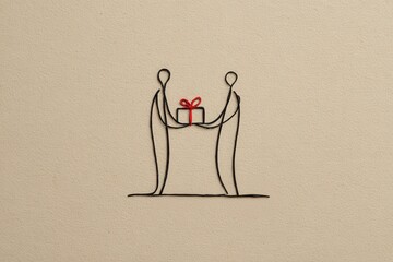 Minimalist continuous line drawing of a person handing a present to another on pastel beige background