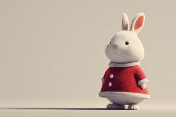 Cute anthropomorphic rabbit character standing upright wearing a simple red Santa dress with white fur trim on soft cream background