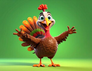 Cheerful, cartoon turkey with open arms, colorful feathers, and a vibrant green background