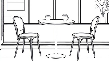 Two cups on a table with two chairs at a window for design or illustration