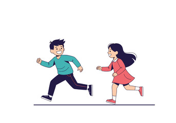 Fototapeta premium Children playing chase, a boy and girl running happily.