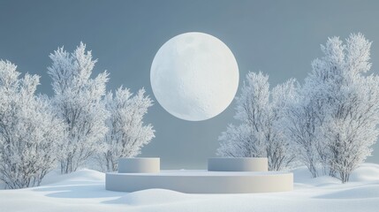 Winter scene with snowy trees and moonlit display platform, ideal for product presentations
