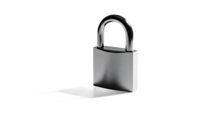 Silver metal padlock with a long shadow on a black background, symbolizing security and protection.