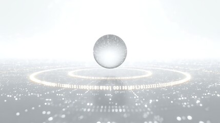 A glowing orb hovers above a digital landscape with concentric circles and scattered lights.