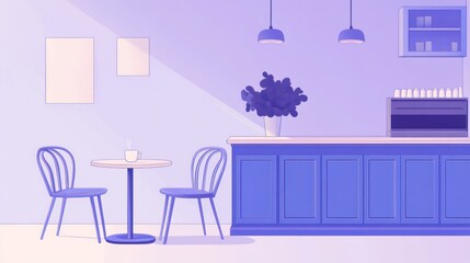 Empty cafe interior with two chairs, table, counter and wall decorations
