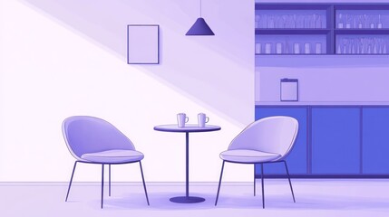 Purple living room with table, two chairs, mugs and shelves in the background