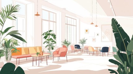 Indoor lounge area with tables and chairs in bright setting, plants, for website