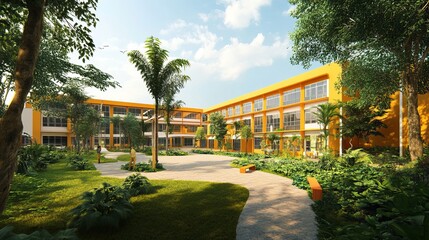 Classic brick school building exterior with sunny blue sky and green lawn
