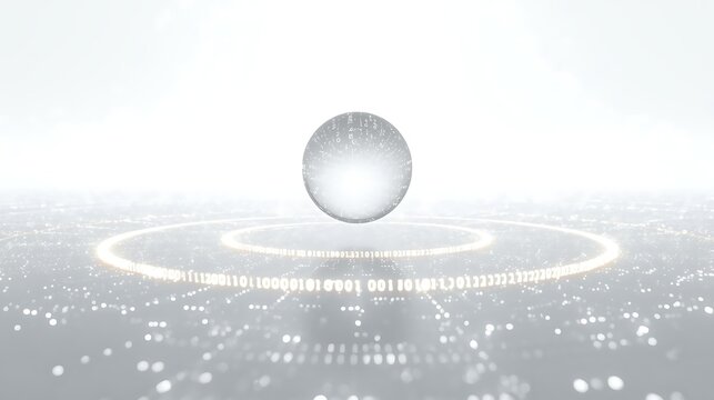 A glowing orb hovers above a digital landscape with concentric circles and scattered lights.
