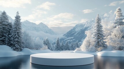 Winter snowy mountains backdrop, white platform, product display