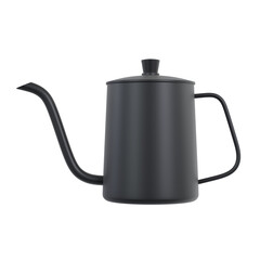 A matte black gooseneck drip kettle with a swan neck spout for pour-over coffee, isolated on a transparent background, viewed from an eye-level side perspective.
