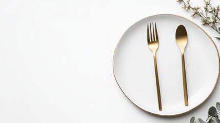 Elegant gold cutlery on white plate, minimalist background, perfect for menu design