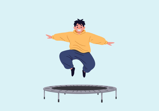 Young boy jumping high on a trampoline having fun outdoors.