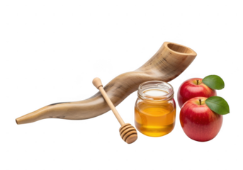 Shofar, honey, and apples for rosh hashanah celebration isolated on transparent background