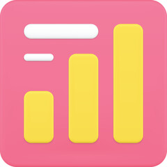 3D graphic chart icon with yellow bars and pink background with white accents and subtle lighting effects representing growth and data analysis on a clean backdrop