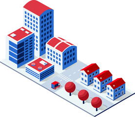 Isometric city view showing modern buildings, houses, street, car, and trees, representing urban development