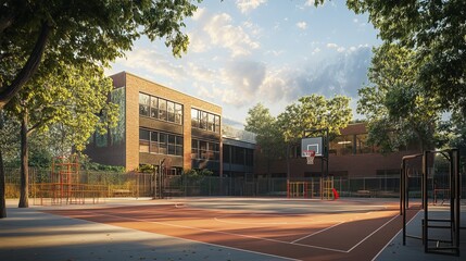 Sunny schoolyard with basketball court and modern school building exterior