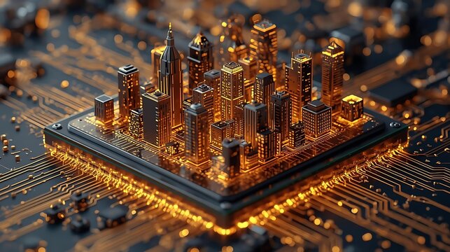 A miniature cityscape rises from a glowing microchip, symbolizing the integration of technology and urban development.
