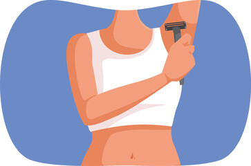 Woman Shaves Underarm to Remove hair Vector Illustration. Lady using a razor for epilation at home in her own intimacy 
