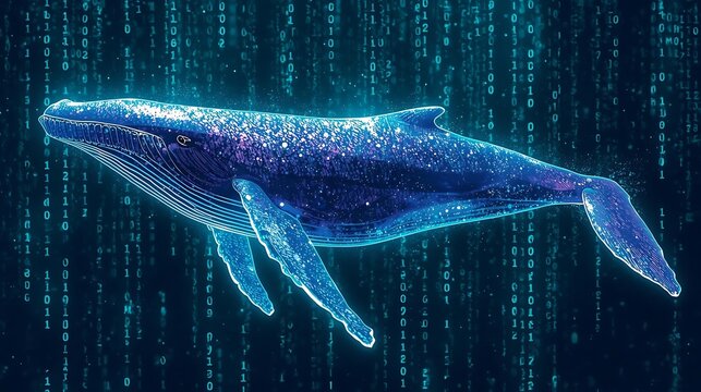 A luminous blue whale swims through a digital sea of binary code, representing the intersection of nature and technology.