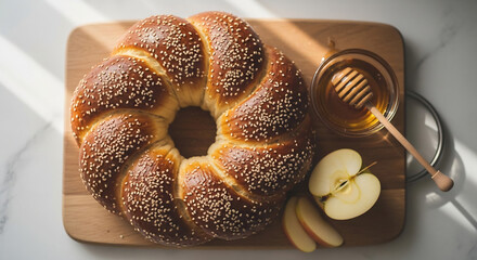 Festive challah bread, honey, apple slices on a wooden board. Rosh Hashanah themed image. Perfect for greetings, postcards, holiday promotions, food blog posts.