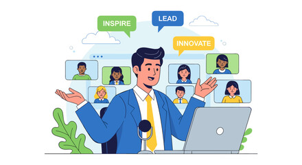 A businessman leads an online meeting, inspiring and innovating, with colleagues participating via video conference on a laptop, fostering teamwork and collaboration.