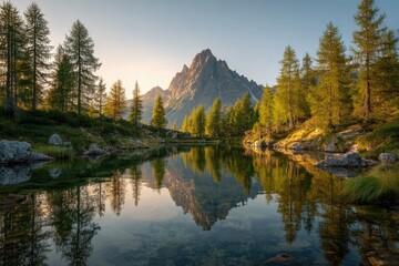 Mountain peak reflected in calm lake surrounded by trees