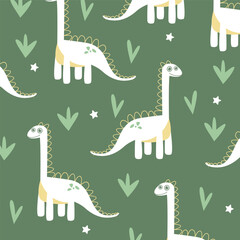 green design seamless pattern vector cartoon of brontosaurus dinosaur for kids apparel fullprint fabric