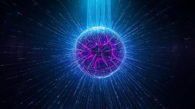 A glowing purple sphere with intricate patterns emanates blue light rays against a dark background.