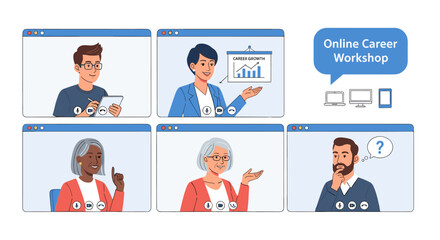 A diverse group of people participate in an online career workshop, discussing opportunities and strategies for professional growth.