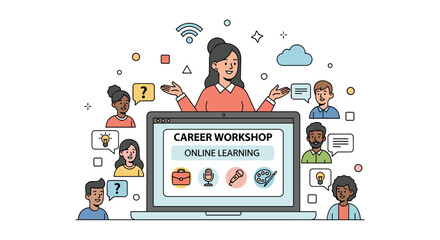 An online career workshop illustration depicts diverse individuals connected via laptop, learning and engaging in a virtual training session with a mentor.