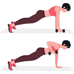 Woman Performing Dumbbell Row Exercise From Plank Position on Mat with Transparent Background