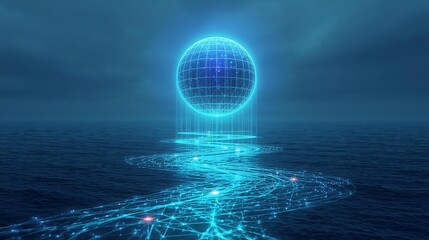 A glowing blue digital sphere hovers over a digital network spreading across the ocean's surface.