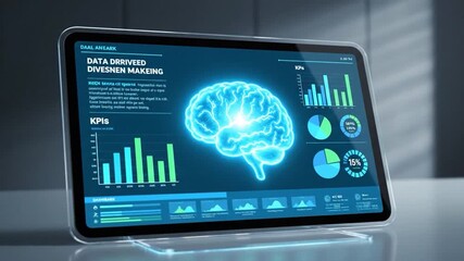 Illuminated brain display on a digital tablet showcasing brain activity with data visualization - Powered by Adobe