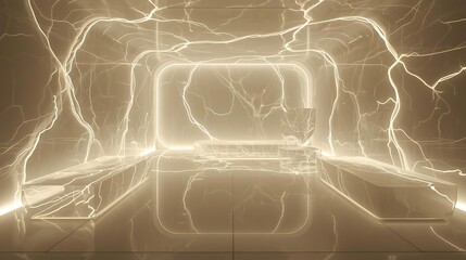 A futuristic, glowing hallway with intricate electrical energy crackling around the walls and ceiling.