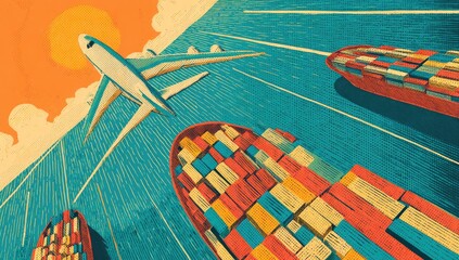 Obraz premium Global shipping plane, boats, stylized, geometric