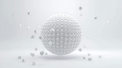 A white sphere composed of small cubes, with scattered cubes floating around it on a white background.