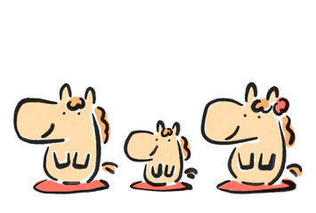 座布団に座り新年の挨拶をする3頭の馬の家族の年賀状イラスト　2026 墨絵　正月素材