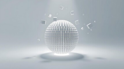 A glowing white sphere made of many small cubes, with smaller cubes floating around it in a bright, minimalist environment.
